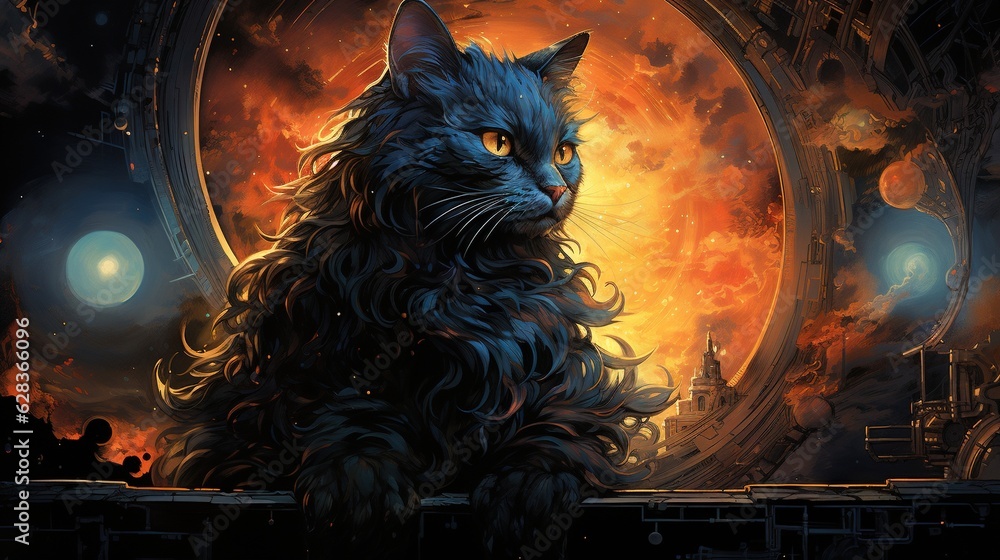 Poster a painting of a cat sitting in front of a clock. generative ai
