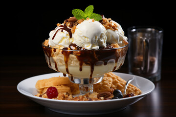 Delicious ice cream with berries and chockolate. Closeup. Selective focus.