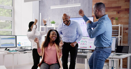 Fototapeta premium Workers At Workplace High Five. Office Collaboration