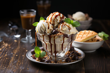 Delicious ice cream with berries and chockolate. Closeup. Selective focus.