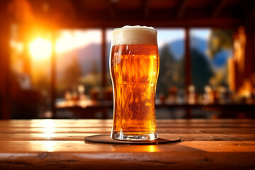 A glass of beer on a wooden table. AI generated