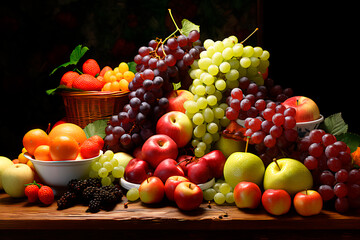 Naklejka na ściany i meble A basket of fresh fruit. Grapes and bananas. AI Generated