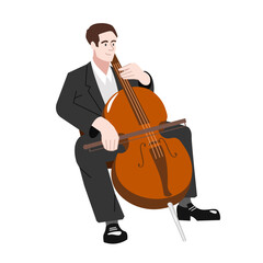 Male cellist and violoncello. Male plays the cello classical music. Flat vector illustration isolated on white background eps 10