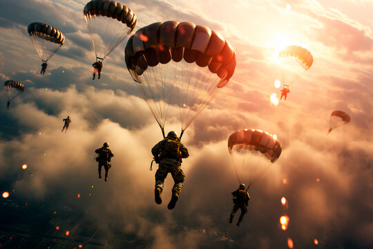 Paratroopers in the sky. Military parachuting. Army in the sky. AI Generated