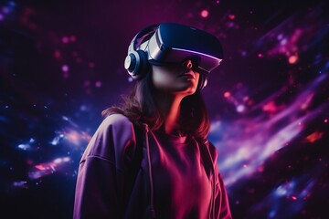 Girl with VR goggles in front of modern city. Modern futuristic background. Created using generative AI	