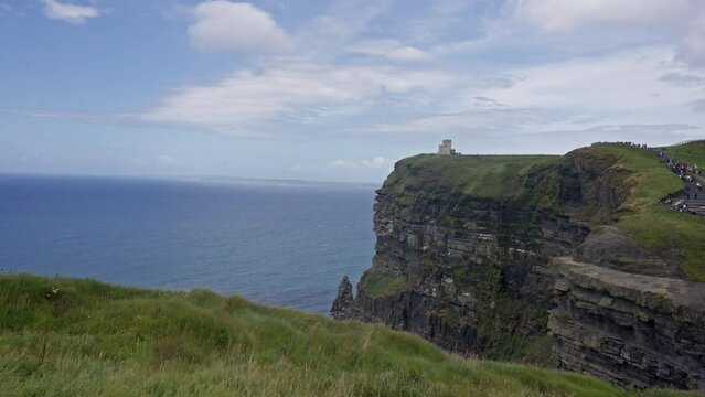 View of O'Brien's Tower at Cliffs of Moher in Ireland. 4K Static Shot