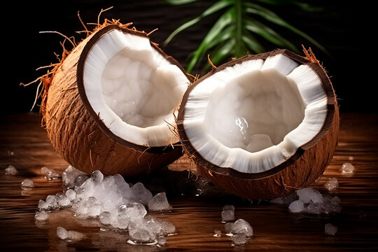 Two juicy coconuts on an isolated background. Coconuts and ice. AI generated