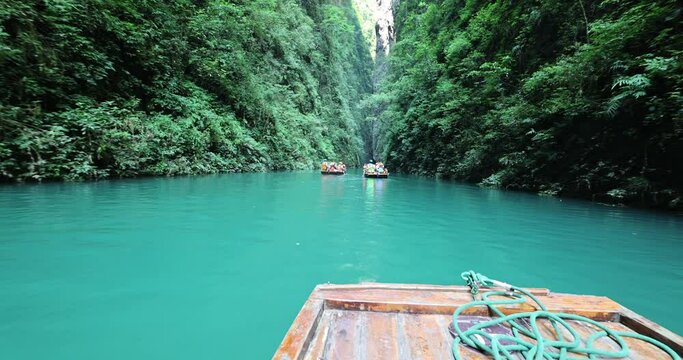 Taking a boat ride in Enshi Pingshan Gorge and river in summer, Hubei province, China.
