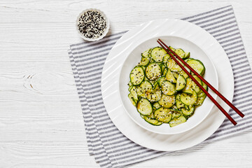 Sunomono, Japanese Cucumber Salad in a white bowl