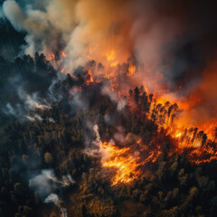 Forest fire burning shot of top view.