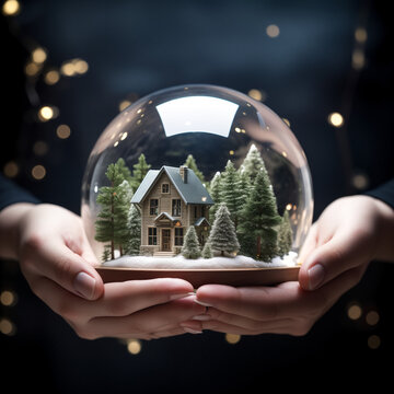 hands holding glass globe ball with tree growing and green nature blur background. ai generative.