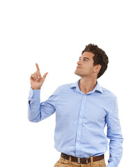 Plakat Presenting, pointing up and business man for advertising on isolated, png and transparent background. Promotion, professional and male person with hand gesture for deal, information and choice