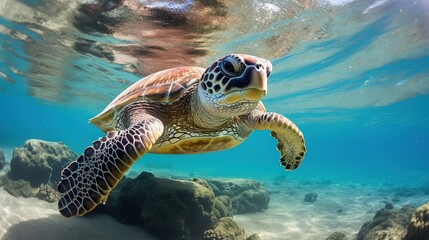  a turtle swimming in the ocean with rocks underneath it and water around it.  generative ai