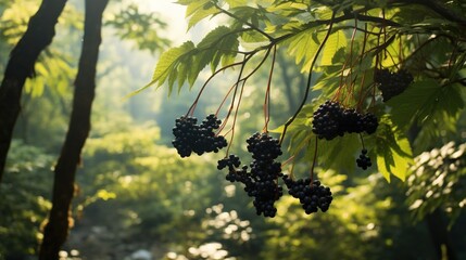  a bunch of berries hanging from a tree in a forest.  generative ai