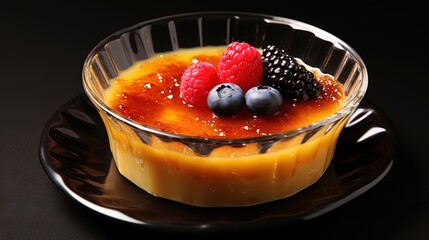  a bowl of fruit and sauce on a black table top.  generative ai