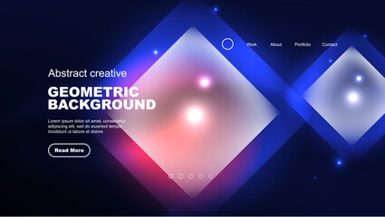Abstract background landing page, glass geometric shapes with glowing neon light reflections, energy effect concept on glossy forms