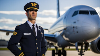Cheerful man airline worker smiling while standing in airfield with airplane on background