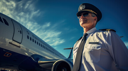 Cheerful man airline worker smiling while standing in airfield with airplane on background