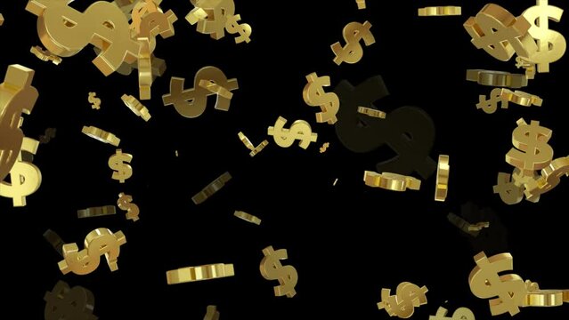 Golden dollar symbol flying. Falling slowly golden dollar symbol. Randomly moving golden dollar symbol. Seamless loop