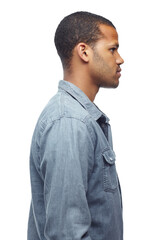 Fashion, modern and profile of man with serious, thinking and casual pose. Model, African person...