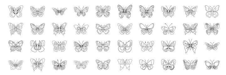 Large collection of butterflies in doodle style. Set of abstract butterfly. Simple hand drawn elements for coloring book. Vector illustration. - obrazy, fototapety, plakaty