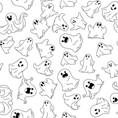 Seamless ghost pattern in doodle style on white background. Vector illustration.