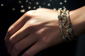 Beautiful woman hand with jewelry on dark background, close-up