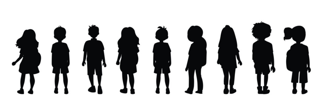 Vector silhouette of back view children going to school on white background.