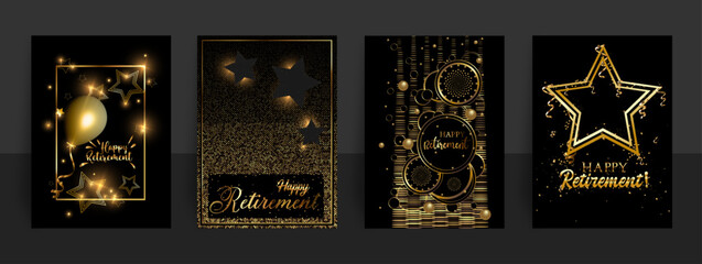 Aa abstract set of vector illustrations celebrating Retirement with a set of four greeting cards in black and gold color scheme - 628373010