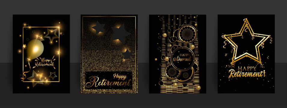 Aa abstract set of vector illustrations celebrating Retirement with a set of four greeting cards in black and gold color scheme