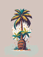 a palm tree with birds flying around it illustration