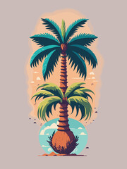 a palm tree with birds flying around it illustration