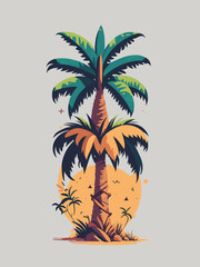 a palm tree with birds flying around it illustration