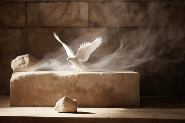 Jesus Christ crucifixion death and resurrection and easter dove flying in a stone tomb created by generative AI