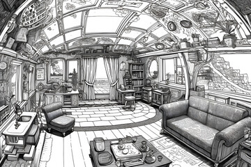 Beautiful hand drawn inking illustration of a living room. Generative AI