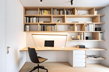 Bright and airy study room with a minimalist desk, ergonomic chair, and wall-to-wall bookshelves. Generative AI