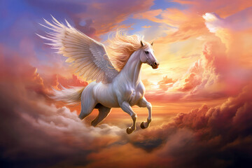 Obraz na płótnie Canvas Majestic Pegasus Soars Through Radiant Sunset Skies