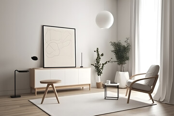 Clean and modern living room with a large white wall and an empty frame mockup, allowing for personalized artwork. Generative AI