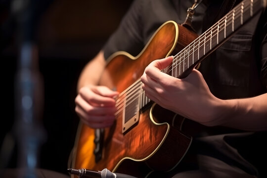 Motion blur image of a musician passionately playing a guitar, capturing the movement of their hands and the intensity of the performance. Generative AI