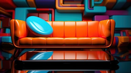 Fototapeta premium an orange couch with a blue pillow on top of it. generative ai