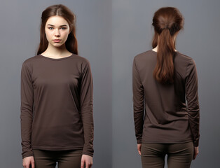 Woman wearing a brown T-shirt with long sleeves. Front and back view