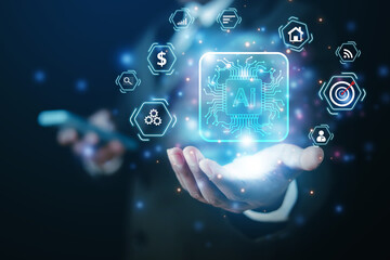 AI business database system display online marketing investment virtual screen linked to a network in the organization The concept of developing a technology-based business system.
