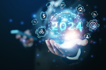 2024 business concept, businessman or engineer Show the trend of driving digital currency to develop online business.	