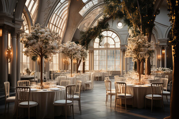 Modern and stylish interior design of a wedding ballroom with a touch of luxury and prestige. Created with generative AI technology.