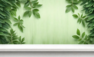 Empty old white wooden table or counter with green leaves background. For display or montage of your products, Generative Ai