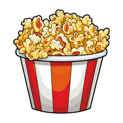 popcorn bucket. Cinema snack, Popcorn in a red striped bucket sticker illustration - obrazy, fototapety, plakaty
