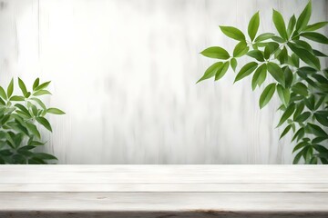 Empty old white wooden table or counter with green leaves background. For display or montage of your products, Generative Ai - Powered by Adobe
