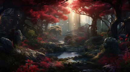  a painting of a stream in a forest with red flowers.  generative ai