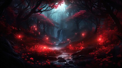  a dark forest with red lights and a stream running through it.  generative ai