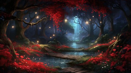 Naklejka premium a painting of a path leading to a forest with lights. generative ai